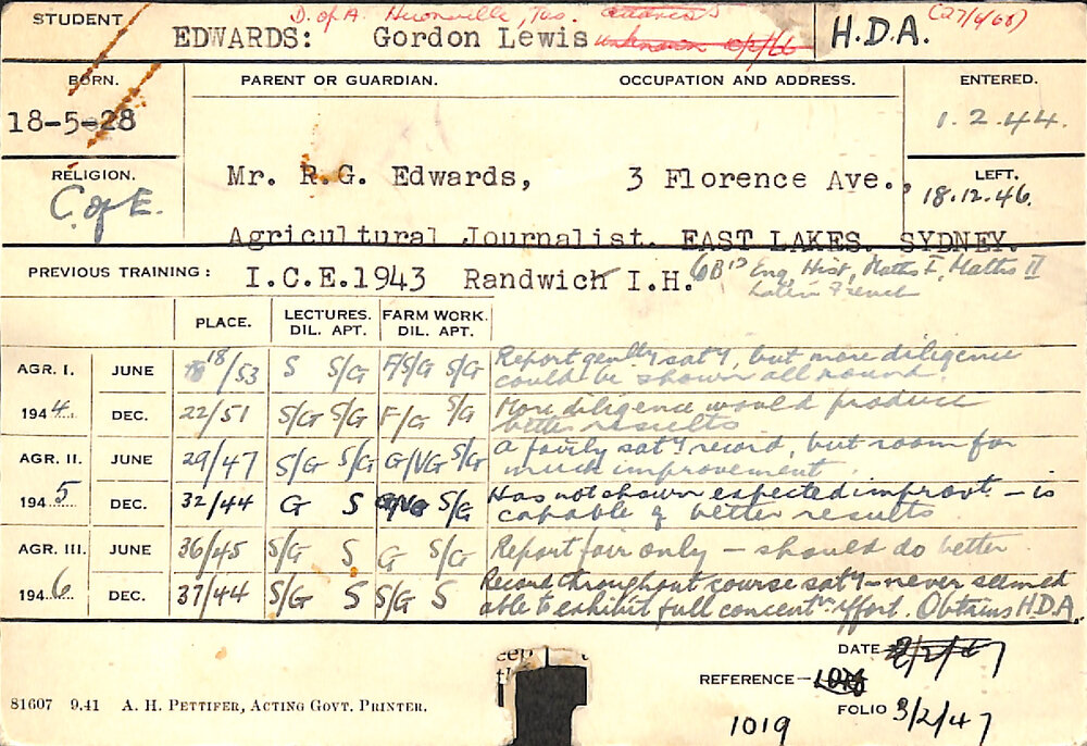 EDWARDS, Gordon Lewis (Hawkesbury Diploma of Agriculture (HDA))