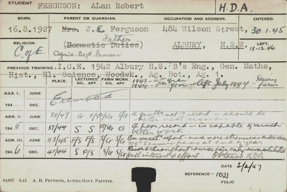 FERGUSON, Alan Robert (Hawkesbury Diploma of Agriculture (HDA))