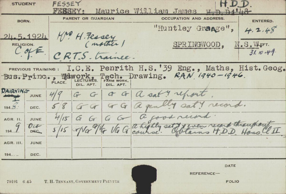 FESSEY, Maurice William James (Hawkesbury Diploma in Dairy (HDD) (Honours Class II))