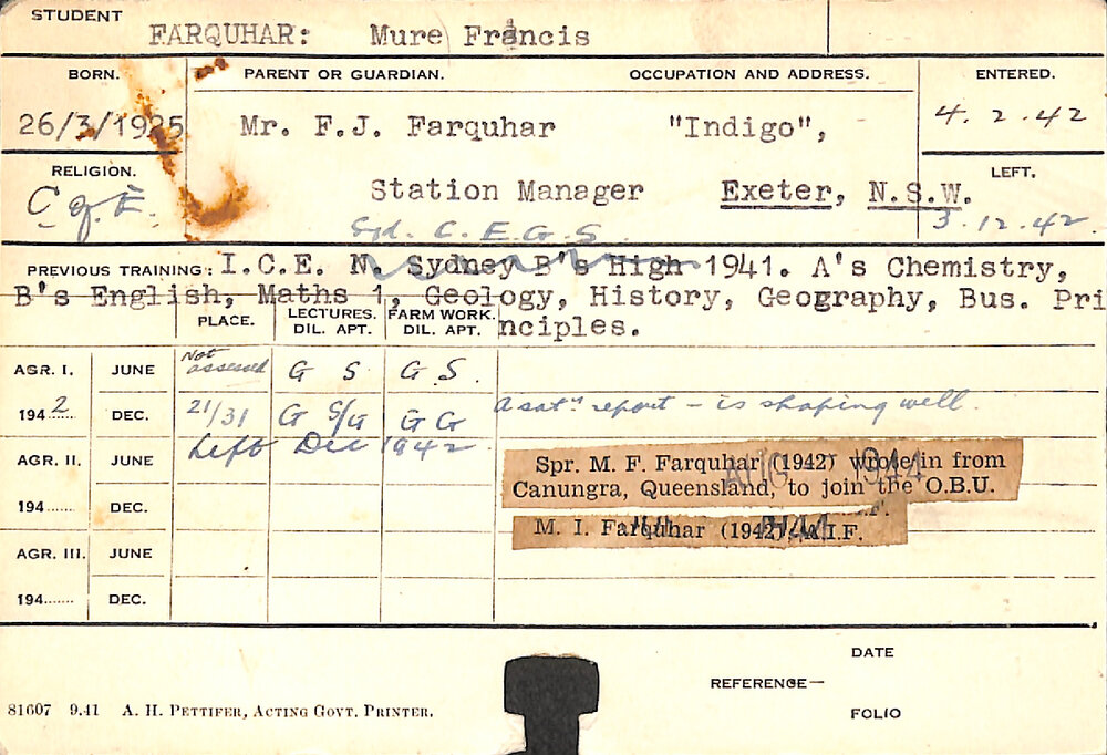 FARQUHAR, Mure Francis (Hawkesbury Diploma of Agriculture (HDA))