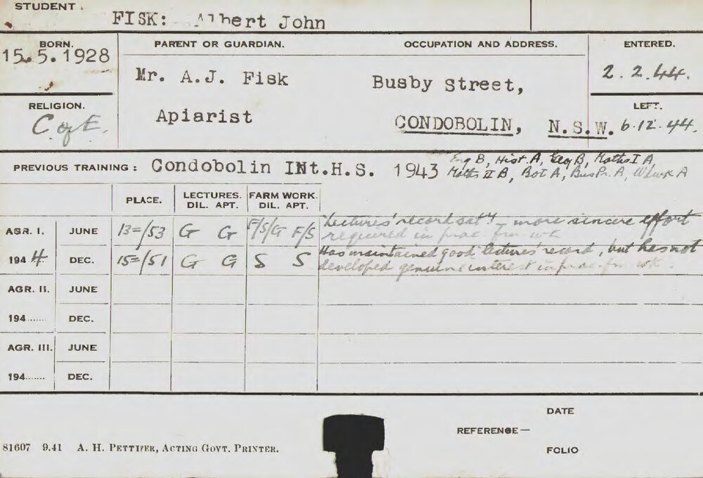 FISK, Albert John (Hawkesbury Diploma of Agriculture (HDA))