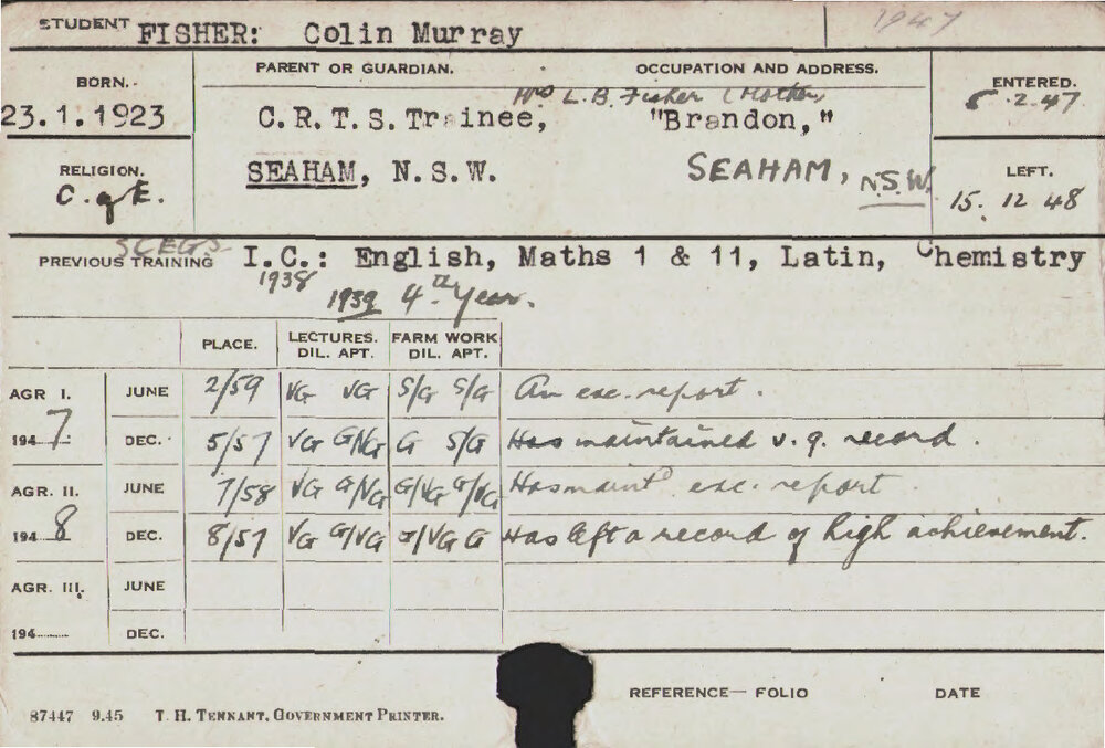 FISHER, Colin Murray (Hawkesbury Diploma of Agriculture (HDA) (First and Second Year Certificate))