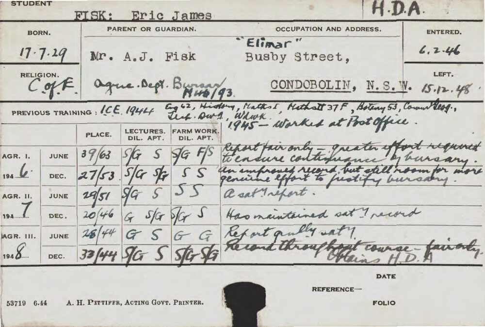 FISK, Eric James (Hawkesbury Diploma of Agriculture (HDA))