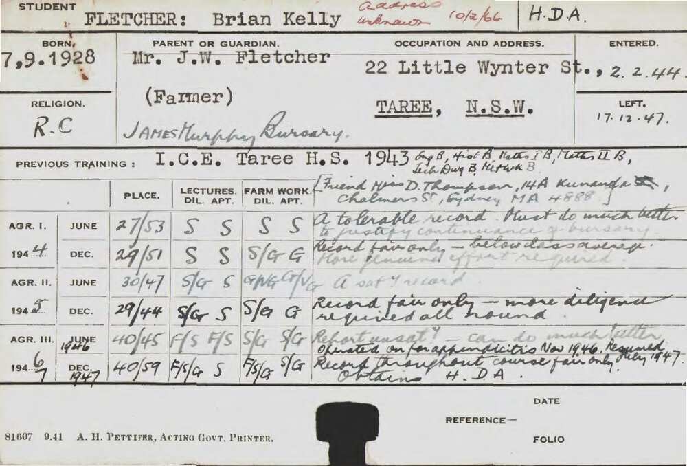 FLETCHER, Brian Kelly (Hawkesbury Diploma of Agriculture (HDA))
