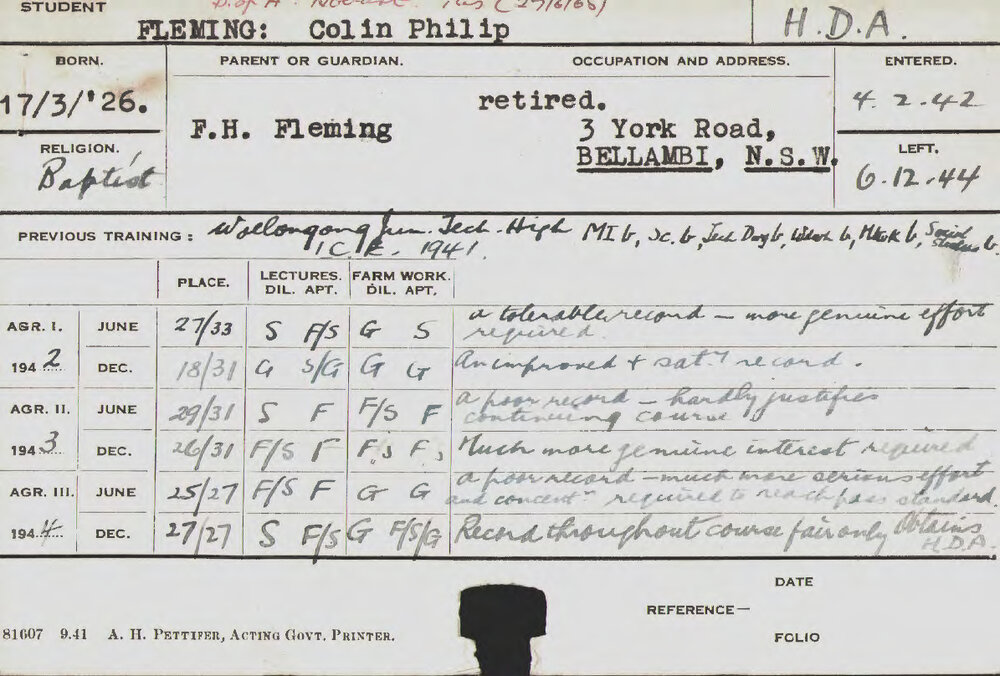 FLEMING, Colin Philip (Hawkesbury Diploma of Agriculture (HDA))