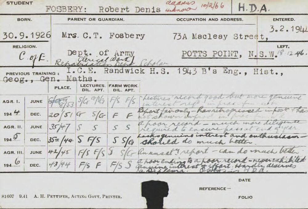 FOSBERY, Robert Denis (Hawkesbury Diploma of Agriculture (HDA))