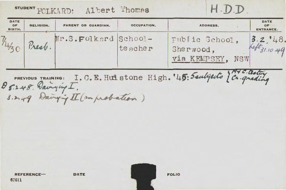 FOLKARD, Albert Thomas (Hawkesbury Diploma in Dairy (HDD))