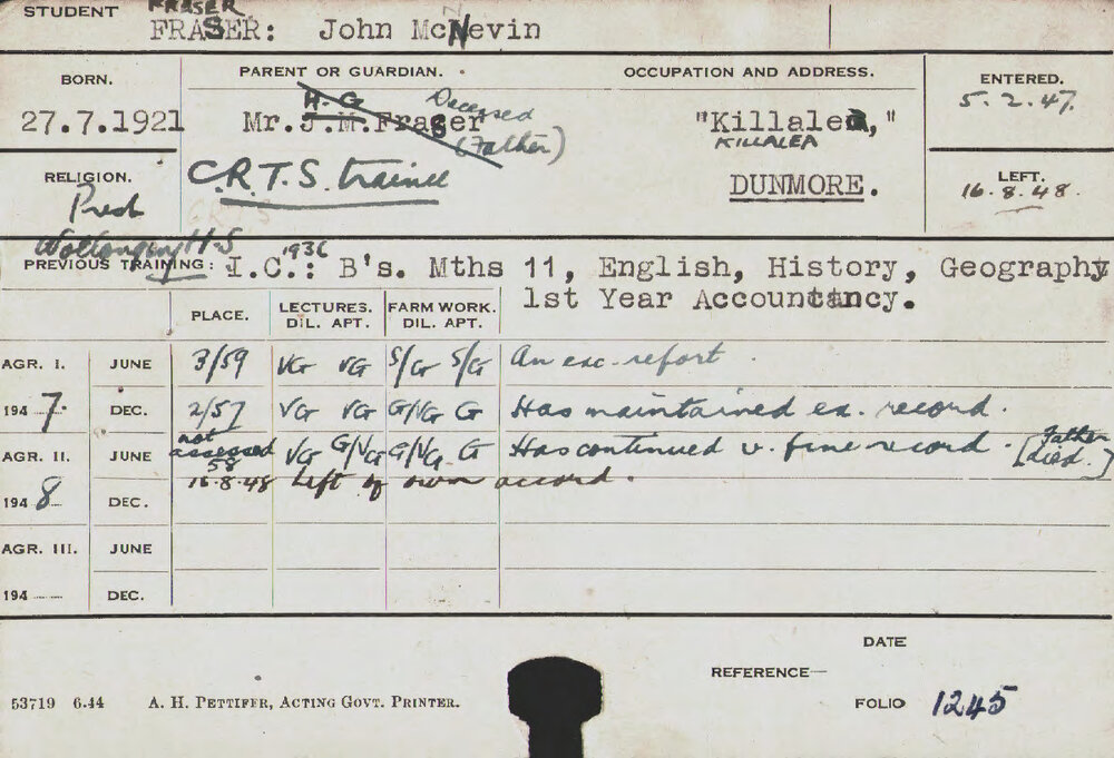 FRASER, John McNevin (Hawkesbury Diploma of Agriculture (HDA))