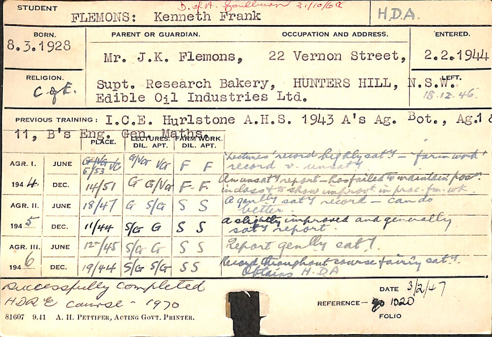 FLEMONS, Kenneth Frank (Hawkesbury Diploma of Agriculture (HDA) &amp; Hawkesbury Diploma of Rural Extension (HDRE))