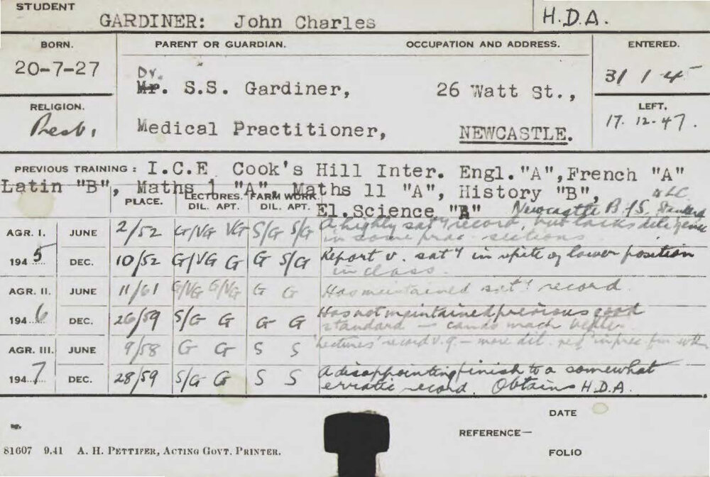 GARDINER, John Charles (Hawkesbury Diploma of Agriculture (HDA))