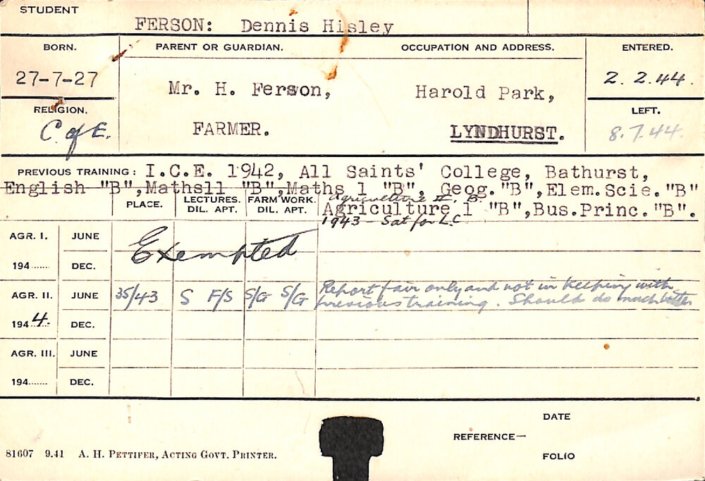 FERSON, Dennis Hisley (Hawkesbury Diploma of Agriculture (HDA))
