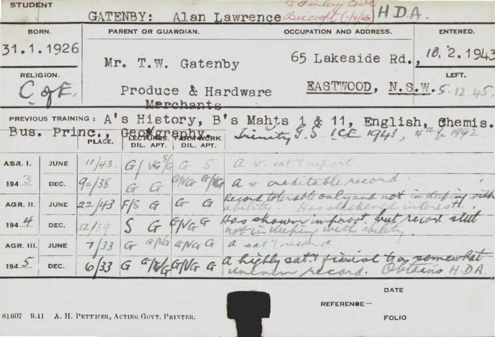 GATENBY, Alan Lawrence (Hawkesbury Diploma of Agriculture (HDA))