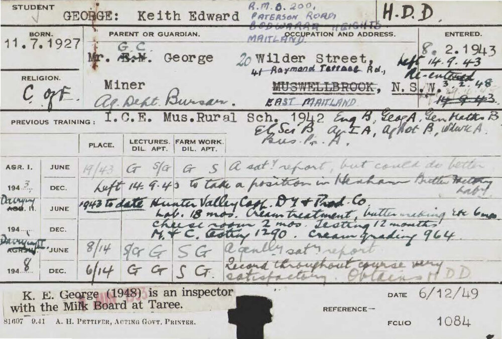 GEORGE, Keith Edward (Hawkesbury Diploma in Dairy (HDD))