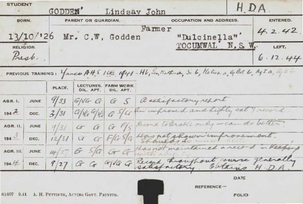 GODDEN, Lindsay John (Hawkesbury Diploma of Agriculture (HDA))