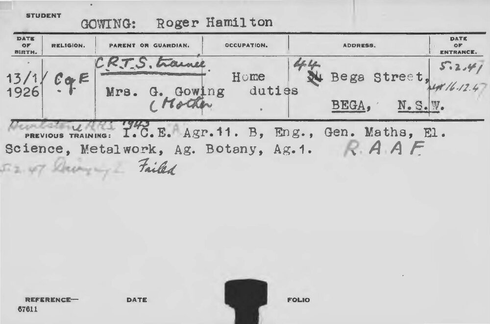 GOWING, Roger Hamilton (Hawkesbury Diploma in Dairy (HDD))