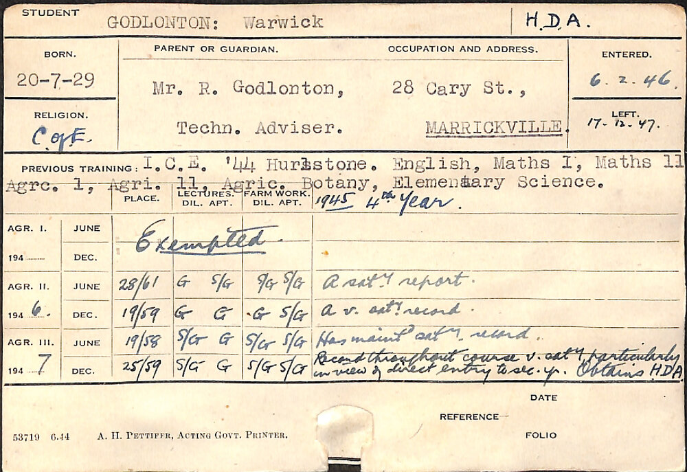 GODLONTON, Warwick (Hawkesbury Diploma of Agriculture (HDA))
