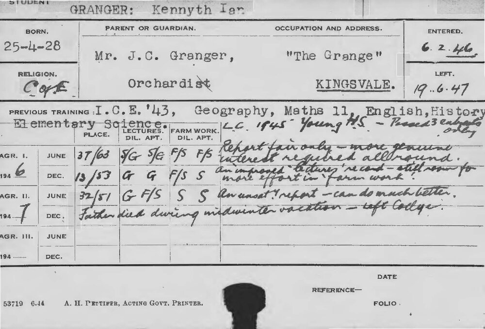 GRANGER, Kennyth Ian (Course Not Identified)