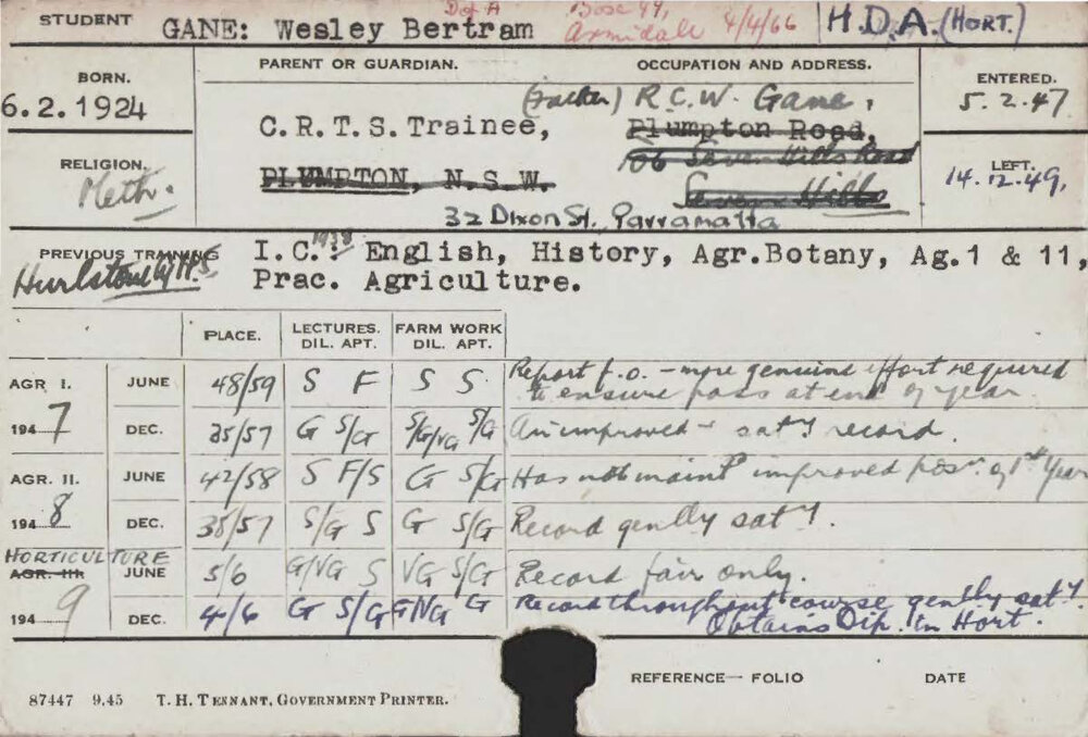 GANE, Wesley Bertram (Hawkesbury Diploma of Agriculture (HDA) (Horticulture))