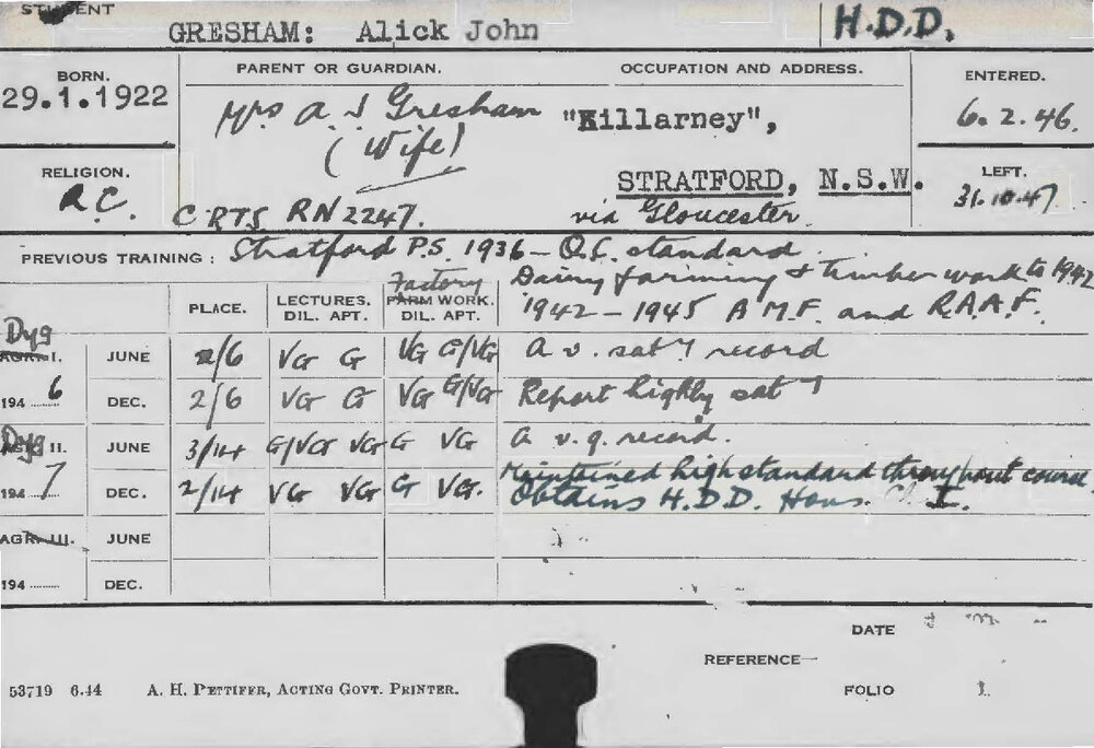 GRESHAM, Alick John (Hawkesbury Diploma in Dairy (HDD))