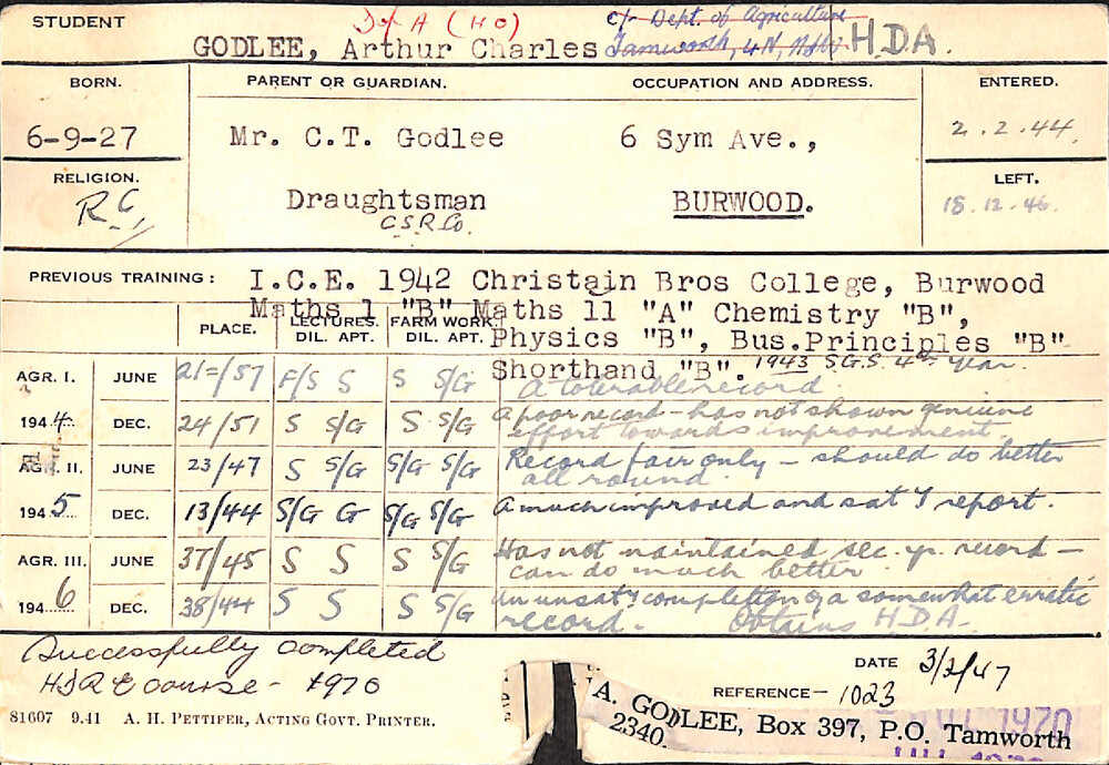 GODLEE, Arthur Charles (Hawkesbury Diploma of Agriculture (HDA))