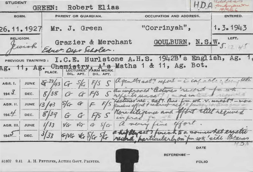 GREEN, Robert Elias (Hawkesbury Diploma of Agriculture (HDA))