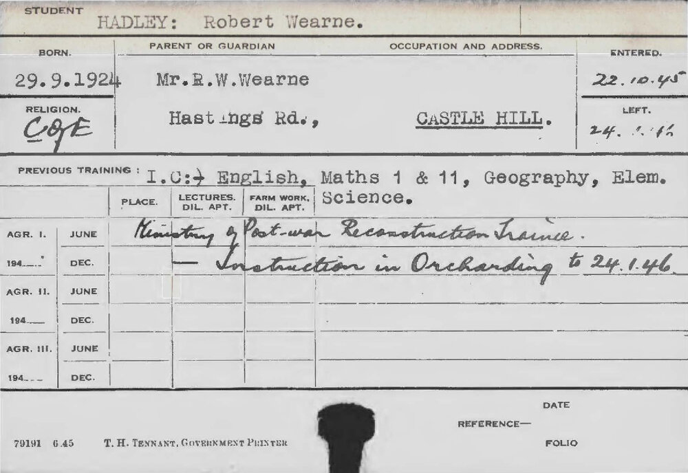 HADLEY, Robert Wearne (Instruction in Orcharding)