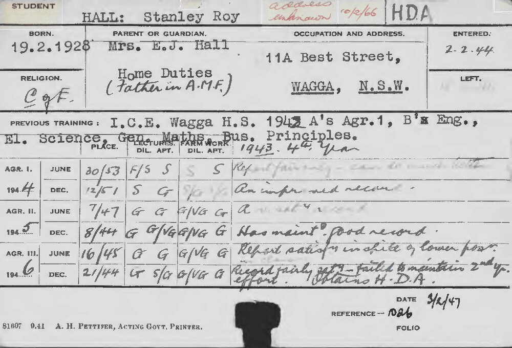 HALL, Stanley Roy (Hawkesbury Diploma of Agriculture (HDA))