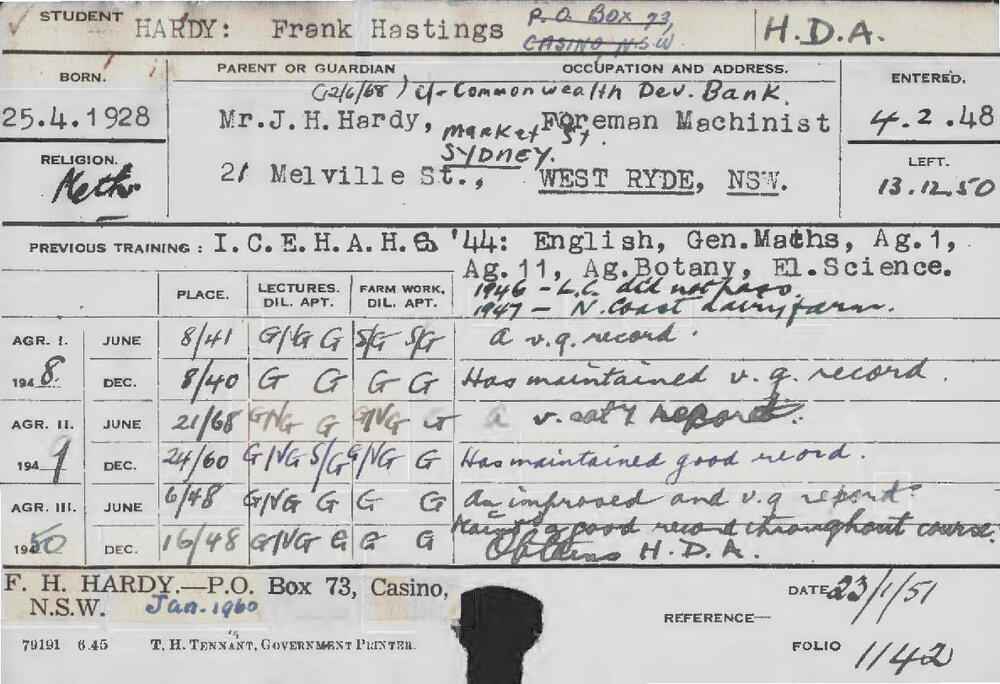 HARDY, Frank Hastings (Hawkesbury Diploma of Agriculture (HDA))