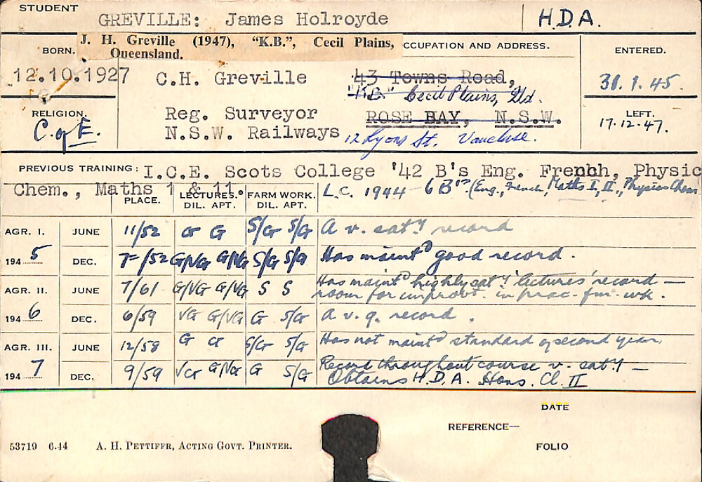 GREVILLE, James Holroyde (Hawkesbury Diploma of Agriculture (HDA))