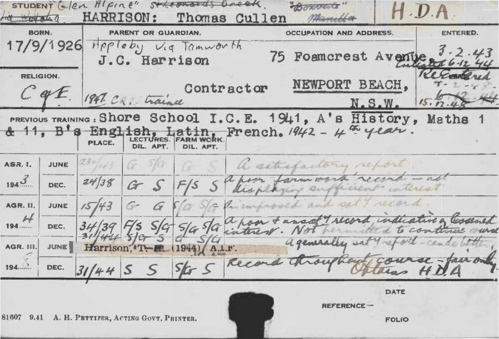 HARRISON, Thomas Cullen (Hawkesbury Diploma of Agriculture (HDA))