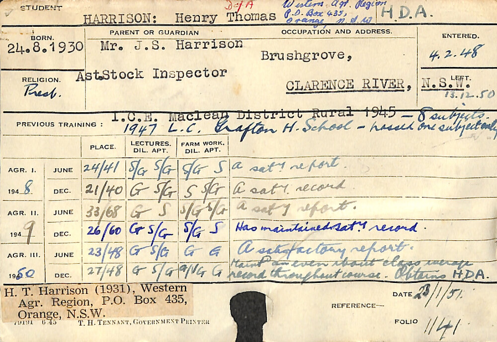 HARRISON, Henry Thomas (Hawkesbury Diploma of Agriculture (HDA))
