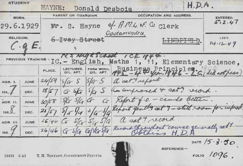 HAYNE, Donald Desbois (Hawkesbury Diploma of Agriculture (HDA))