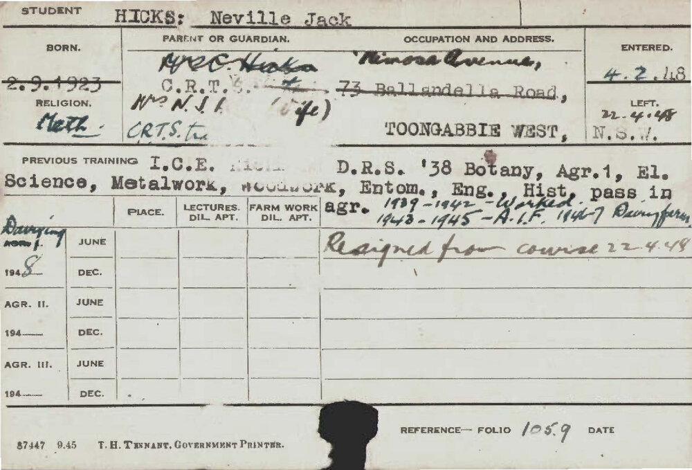 HICKS, Neville Jack (Course Not Identified)