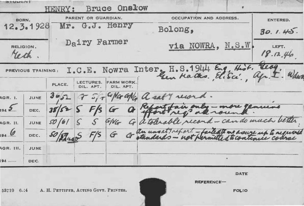 HENRY, Bruce Onslow (Course Not Identified)