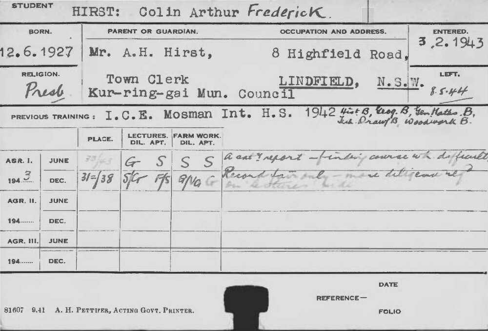 HIRST, Colin Arthur Frederick (Course Not Identified)