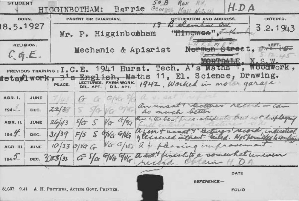 HIGGINBOTHAM, Barrie (Hawkesbury Diploma of Agriculture (HDA))