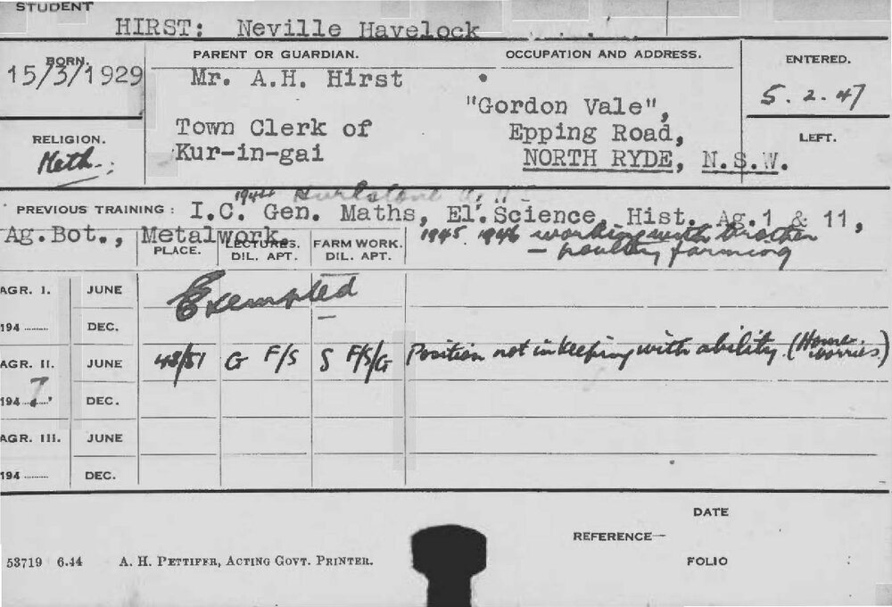 HIRST, Neville Havelock (Course Not Identified)