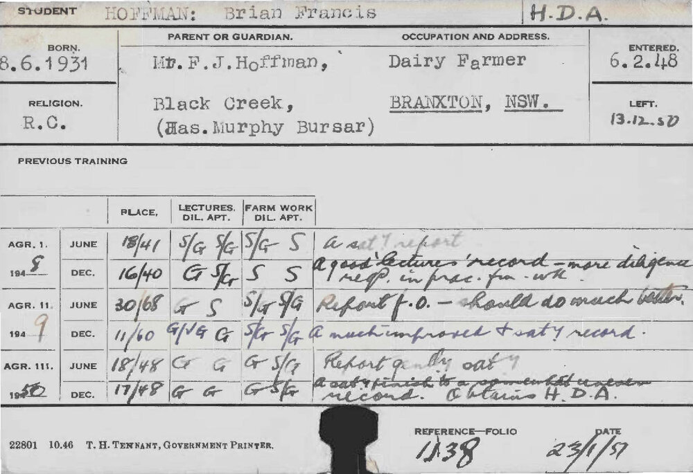 HOFFMAN, Brian Francis (Hawkesbury Diploma of Agriculture (HDA))