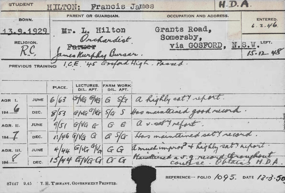 HILTON, Francis James (Hawkesbury Diploma of Agriculture (HDA))