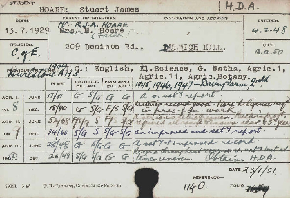 HOARE, Stuart James (Hawkesbury Diploma of Agriculture (HDA))