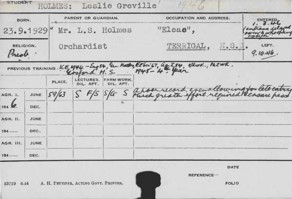HOLMES, Leslie Greville (Course Not Identified)