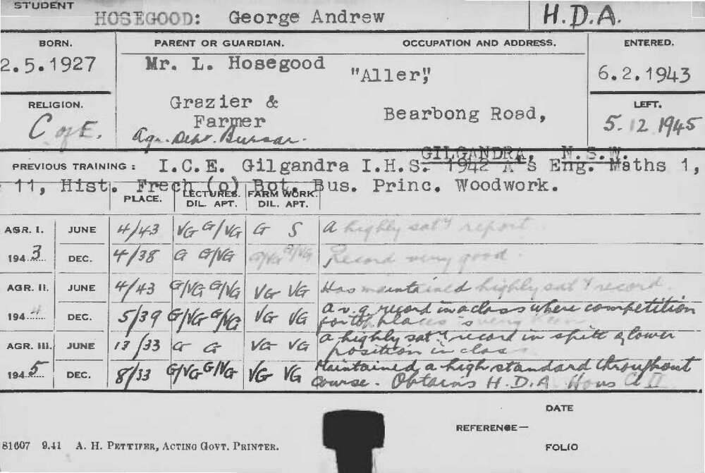 HOSEGOOD, George Andrew (Hawkesbury Diploma of Agriculture (HDA))