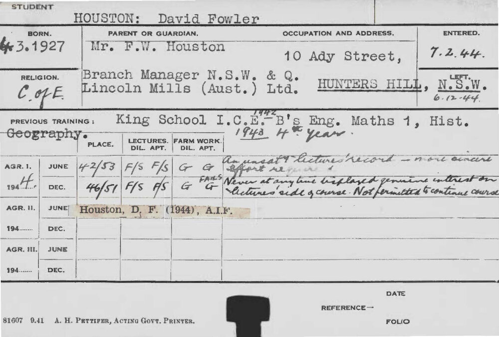 HOUSTON, David Fowler (Course Not Identified)