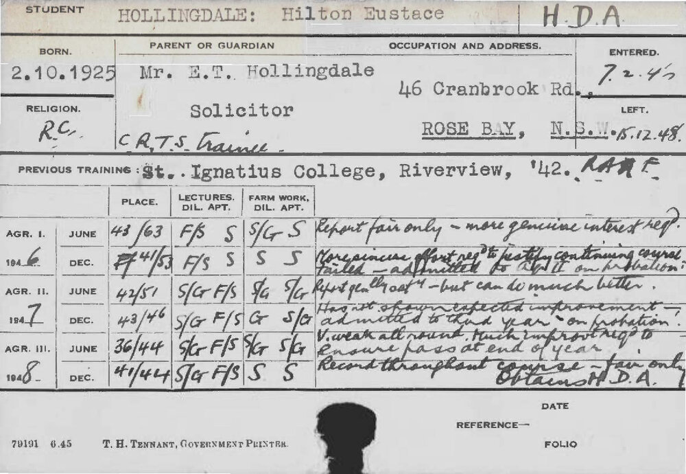 HOLLINGDALE, Hilton Eustace (Hawkesbury Diploma of Agriculture (HDA))