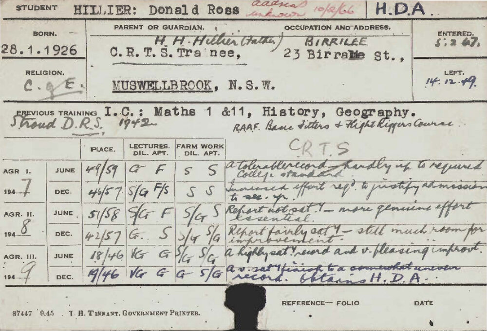 HILLIER, Donald Ross (Hawkesbury Diploma of Agriculture (HDA))