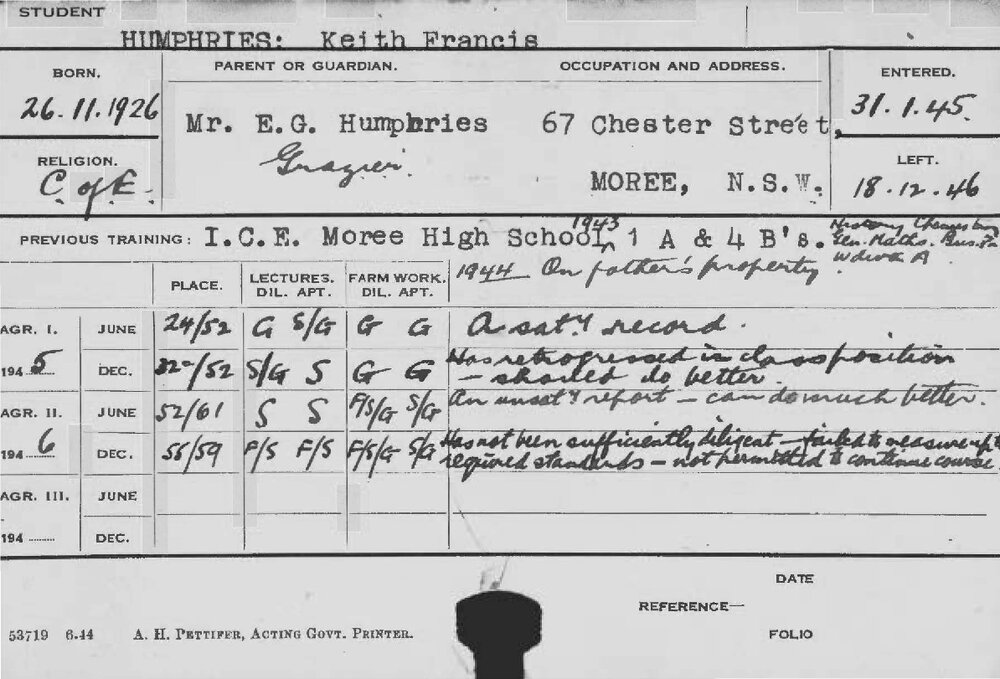 HUMPHRIES, Keith Francis (Course Not Identified)