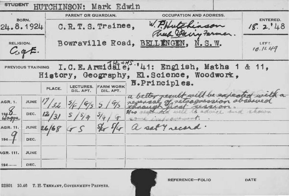 HUTCHINSON, Mark Edwin (Course Not Identified)