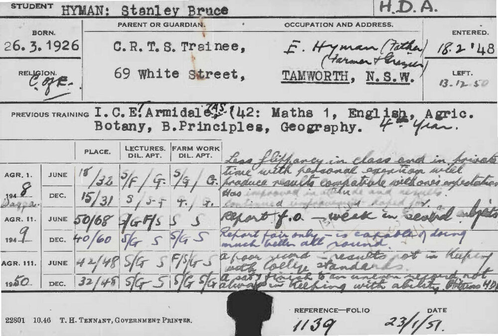 HYMAN, Stanley Bruce (Hawkesbury Diploma of Agriculture (HDA))