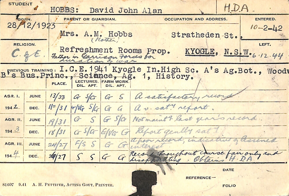 HOBBS, David John Alan (Hawkesbury Diploma of Agriculture (HDA))