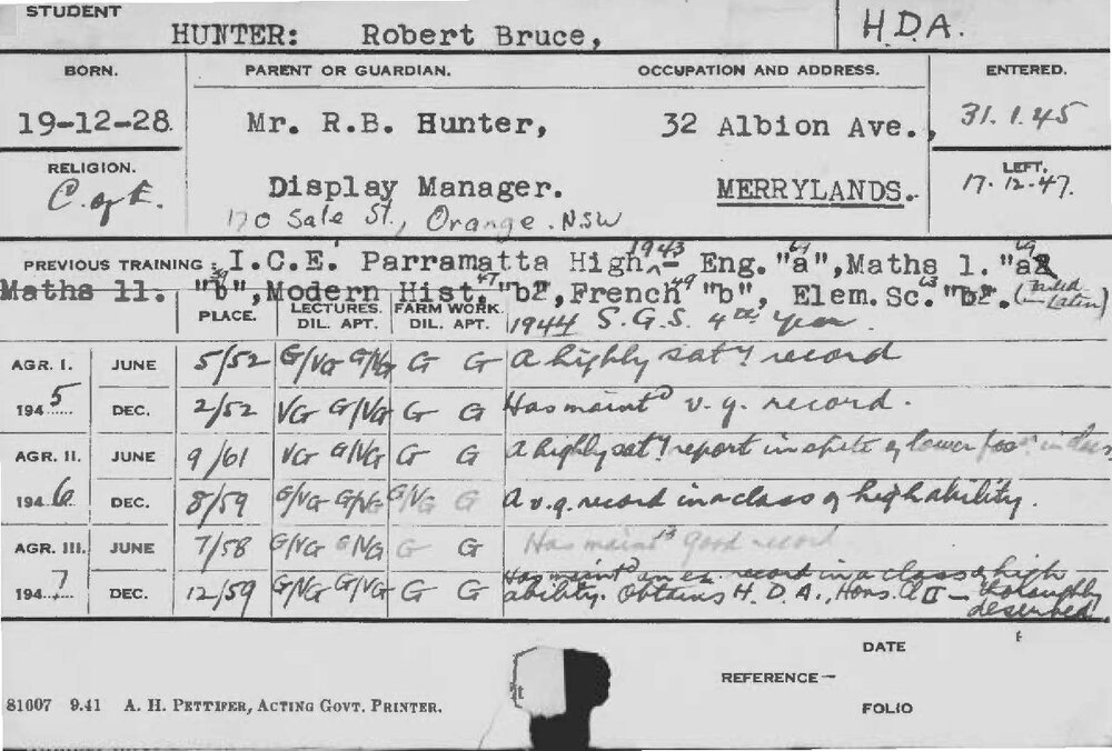 HUNTER, Robert Bruce (Hawkesbury Diploma of Agriculture (HDA))